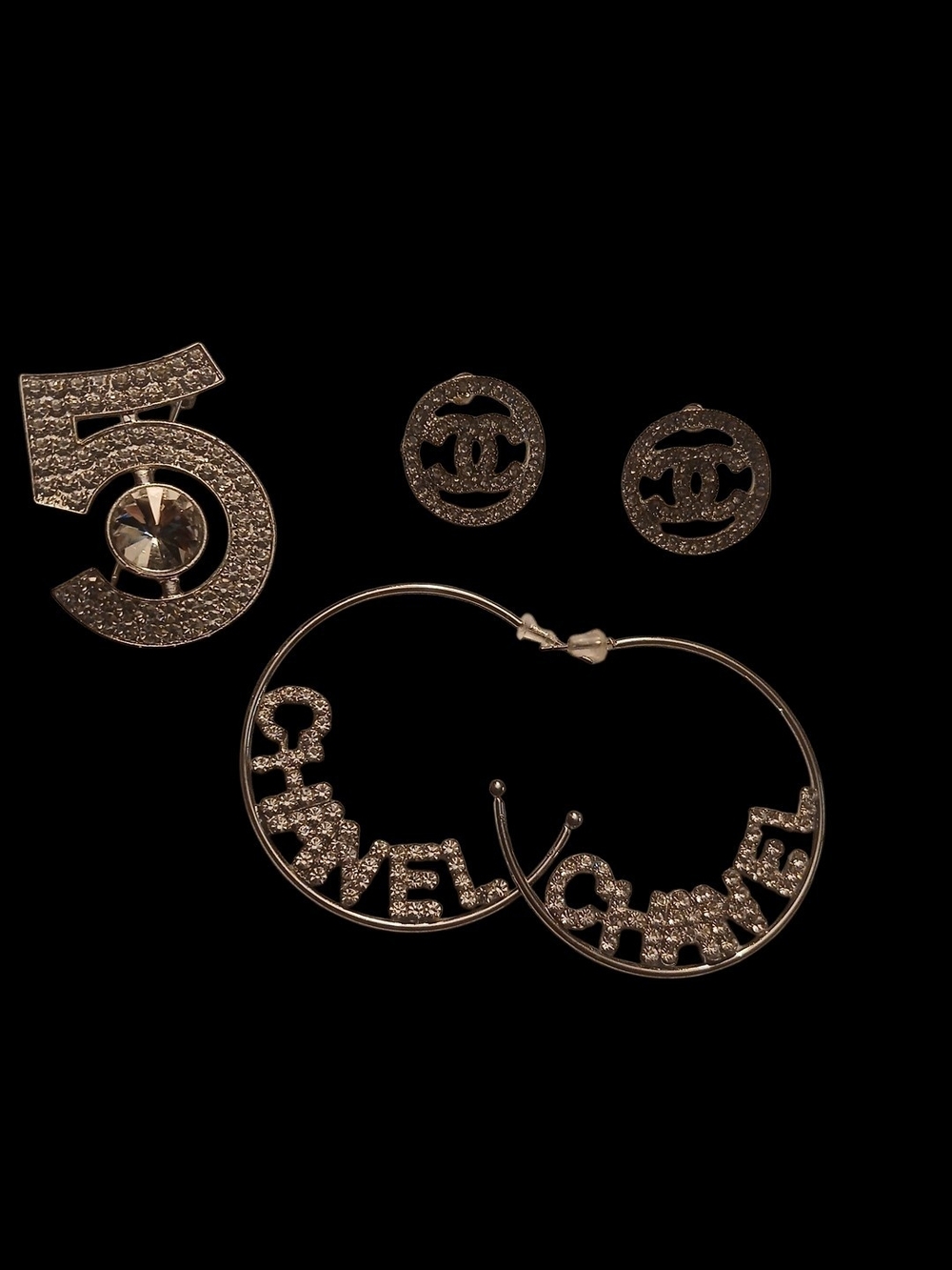 Silver Tone Hoop Earrings with CC Studs and '5' Pin